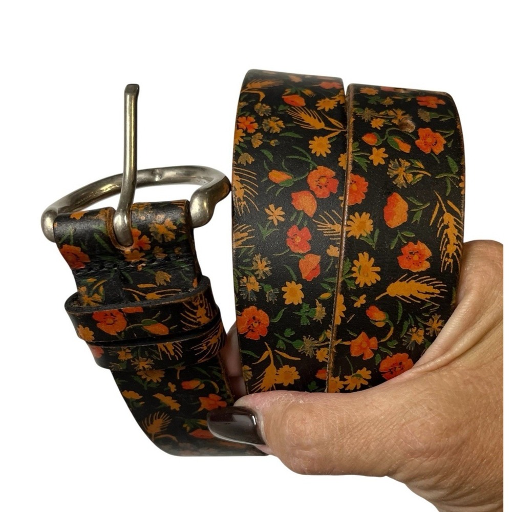 J Crew Belt Black Leather Floral Womens 30" Boho Chic Western Country Cowgirl